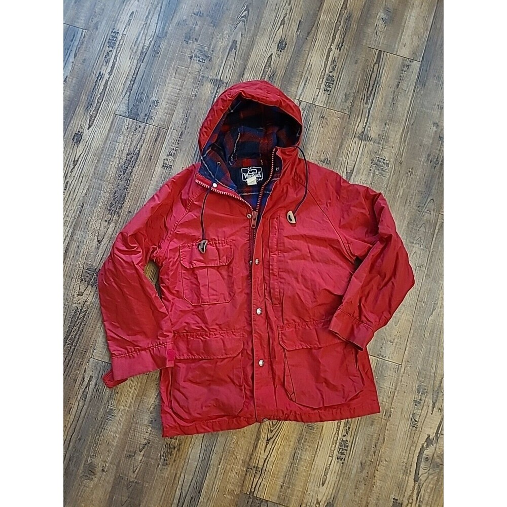 Vintage Woolrich Coat Womens M Red Flannel Lined Hooded Full Zip Made In USA